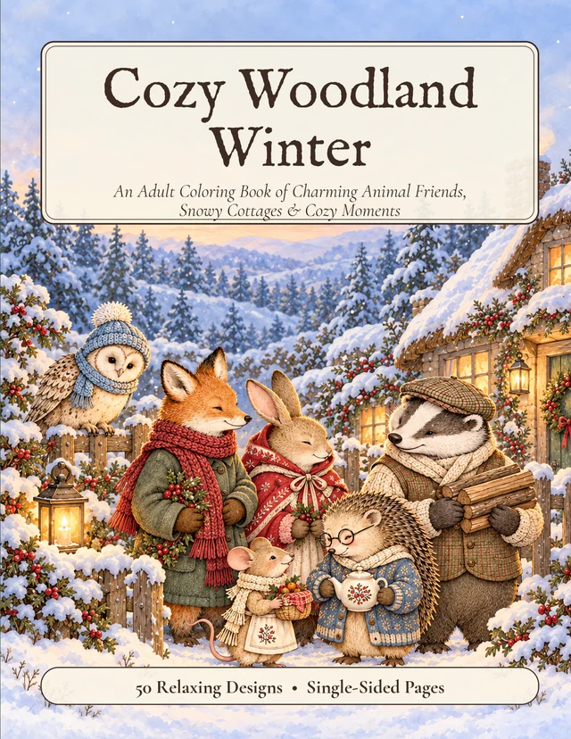 Cover of Cozy Woodland Winter: a fox, rabbit, badger, hedgehog, mouse and owl in scarves and hats outside a snowy cottage