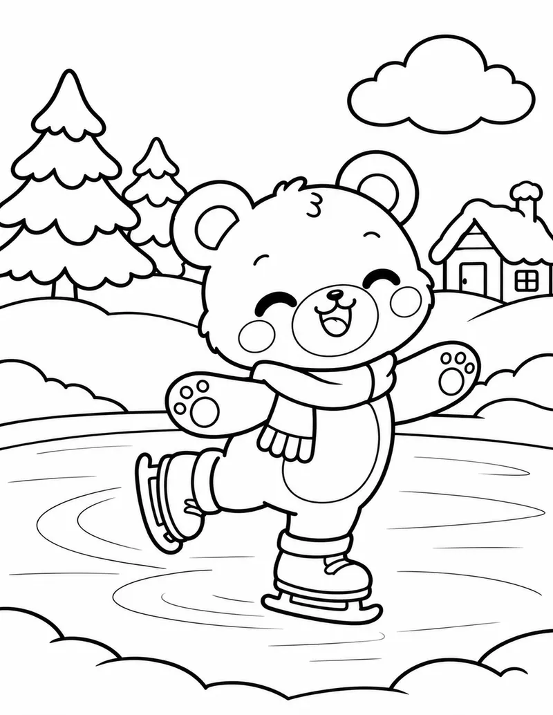 Coloring page: Bear in a scarf ice skating on a frozen pond