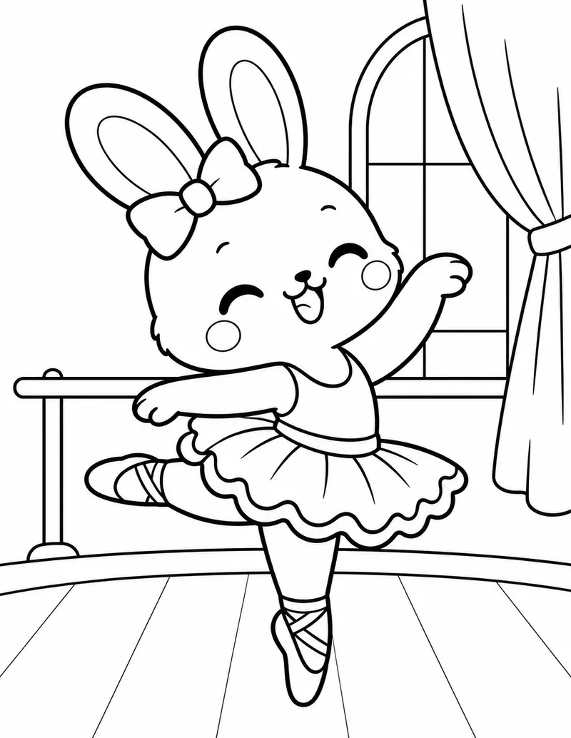 Coloring page: Bunny in a tutu dancing ballet in a studio