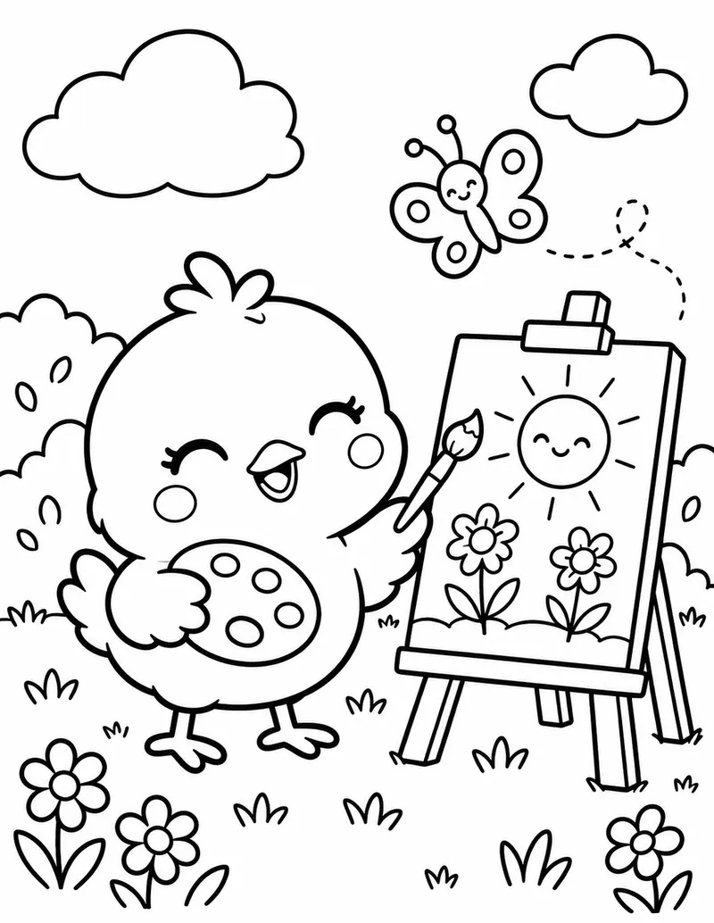 Coloring page: Chick painting a sun and flowers at an easel